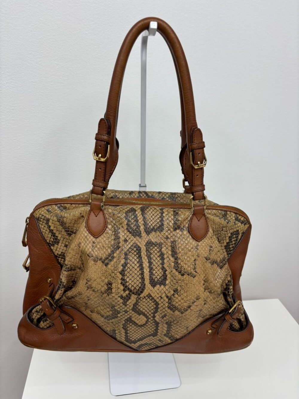 MCM Brown Python Snakeskin Leather Top Handle Satchel Shoulder Bag